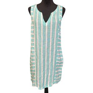 Sigrid Olsen 100% Linen Striped Sleeveless Shift Dress In Mint & White Size L